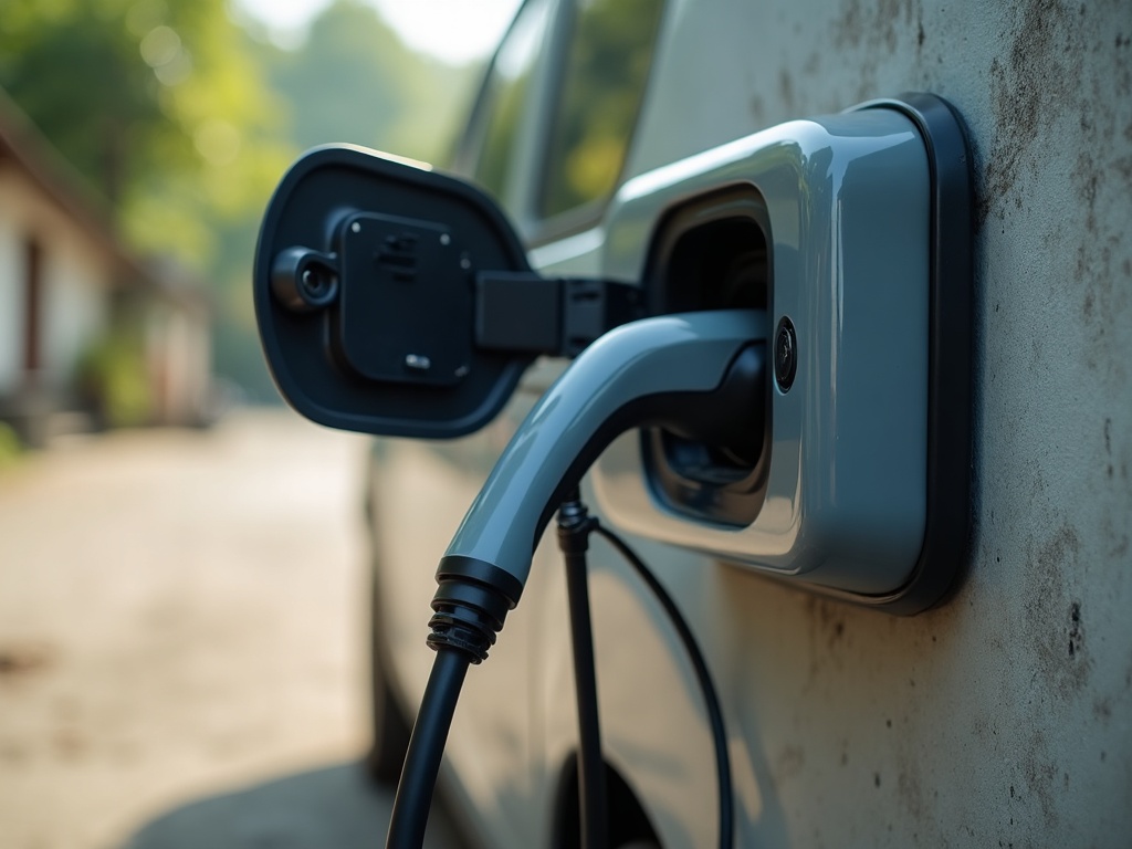 Electric car charging port with the cable connected at a small-town forecourt in Labuan Bajo