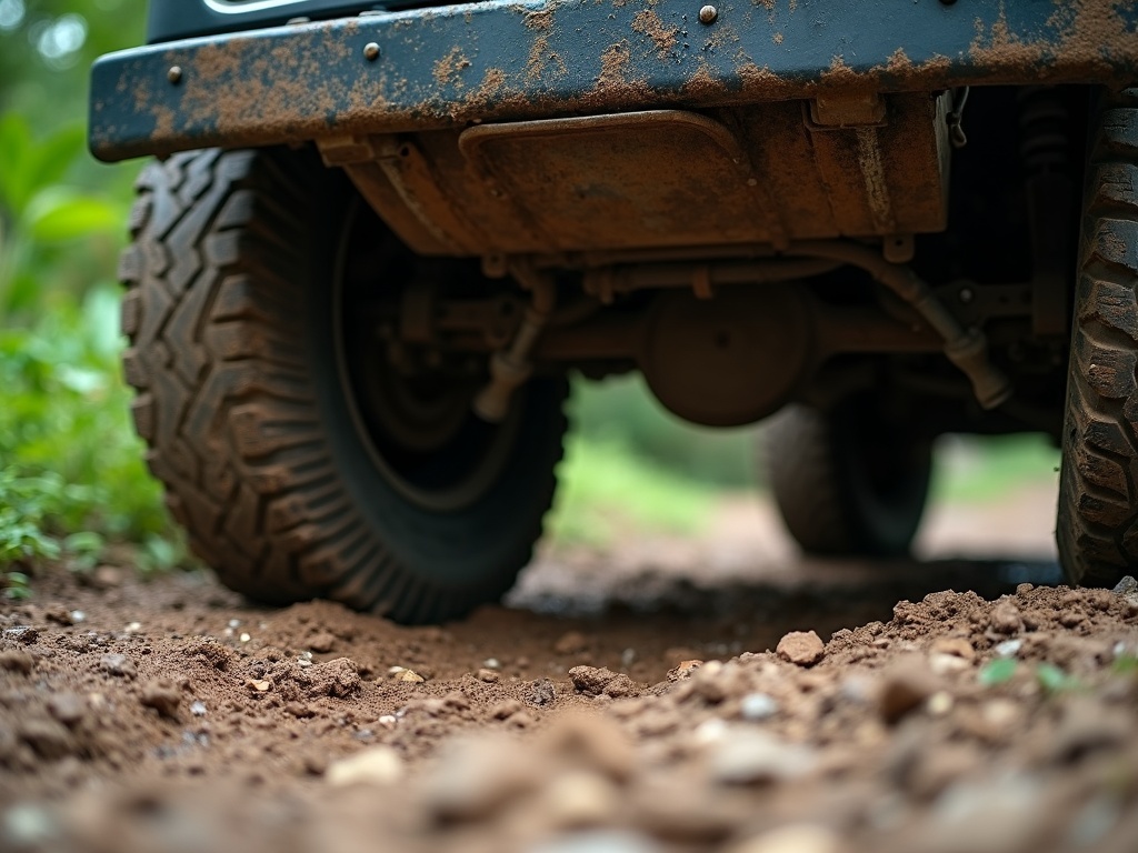 Underside and suspension of a high-riding 4x4 on a rough gravel road with dried mud on the sill
