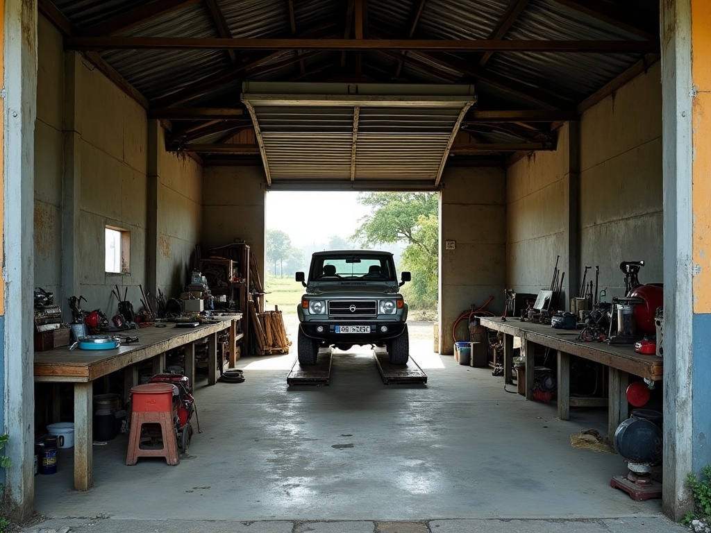 Open-fronted roadside workshop bay in Flores with a vehicle on ramps and hand tools on a worn bench