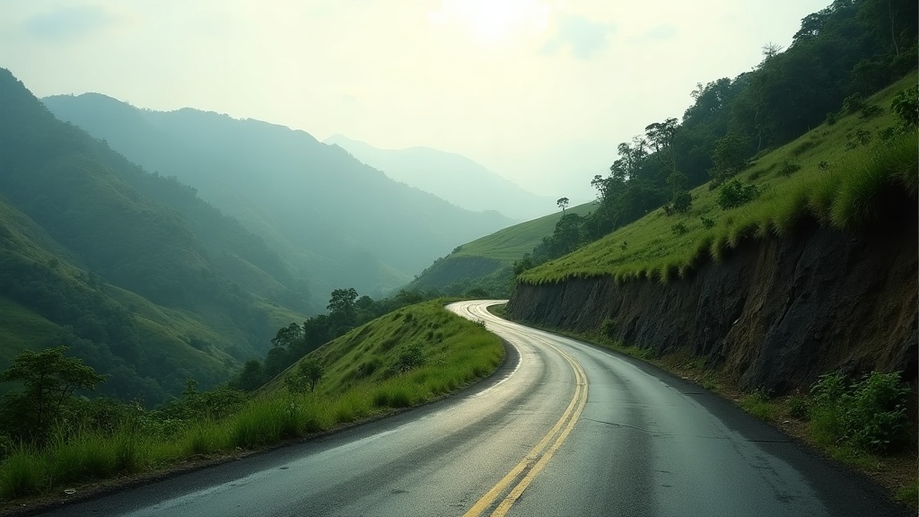 Narrow patched asphalt highway curving along a green ridge in the Flores highlands at late afternoon